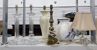 Pair of acrylic square column table lamps, a brass rococo style table lamp, a small glass and chrome