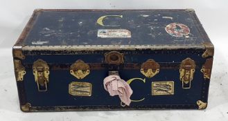 Vintage metal travelling trunk with Cunard labels