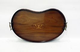 19th century kidney-shaped mahogany and inlaid tray with brass handles, and two brass button