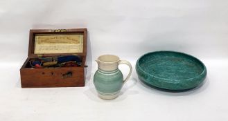 Magnito-electric machine in mahogany box, a Seviers jug and a turquoise bowl (3)
