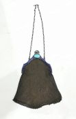 1920's continental silver and enamel inlaid mesh evening purse, possibly French, the scalloped frame
