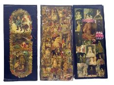 Three Victorian scrap-work screen panels, decorated on both sides, height 177cm