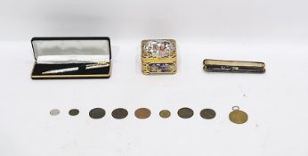 Chinese enamelled box with small quantity of old British coins, cheroot holder and a ball point pen