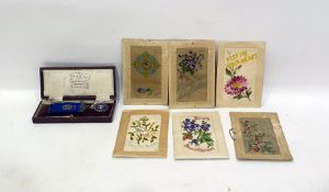 Masonic silver and enamel Primo medal in case and six French WWI embroidered postcards