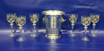 Set of six Bohemian ruby flash cut wine glasses and a chrome ice bucket with lion mask handles