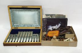 Assortment of items to include mother-of-pearl handled electroplated canteen of cutlery, a late