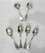 Pair of Victorian silver fiddle pattern sauce ladles by Chauner & Co, London 1857, a pair of William