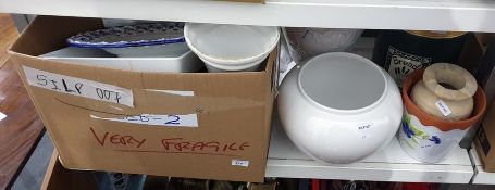 Ceramic bread crock with wooden lid, a large jug, vases, assorted ceramics, etc (1 box and 5 items)