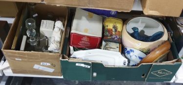 Boxed rosebowl by The Mayfair Collection, vintage tins, a ceramic chicken egg basket, decanters, a