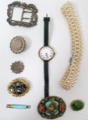 Leather jewellery box and contents including a 19th century memorial ring with engraved