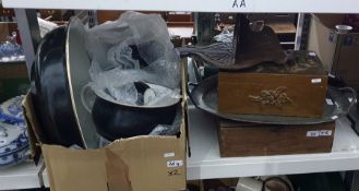 Victorian ewer, basin, chamberpot and vase, the black ground painted with plums, two wooden shelves,