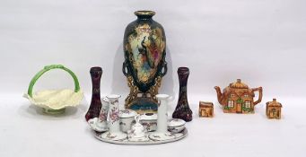 Pottery urn-shaped Viking vase supported on pierced trefoil base, transfer-printed hand-painted with