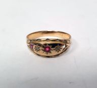 Gold, ruby and diamond ring, gypsy set, two tiny diamonds alternating two tiny rubies (one ruby