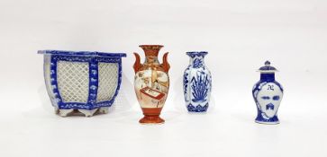 Japanese Satsuma ware twin-handled vase decorated on two panels, one showing figure painting, the