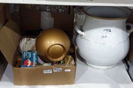 Large ovoid vase with handles, the rim trimmed with gilt, quantity of shells, table skittles and a