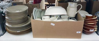 Hotess part tea service, other assorted plates marked 'Arc', brown and cream Emile Henry Denby-style