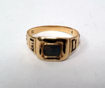 Georgian gold-coloured metal, black enamel and hardstone memorial ring, approx 3g