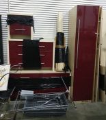 Modern suite of furniture to include tall narrow wardrobe and three matching chests of drawers,