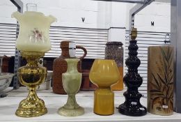 Brass coloured metal paraffin lamp with frilled glass shade converted to electricity, a faux onyx