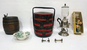 Oriental gilt decorated papier-mache three-section rice box, a metal bound and wooden spirit barrel,