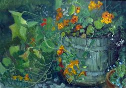David Raven  Oil on board  Garden tub with nasturtiums, 21cm x 29cm