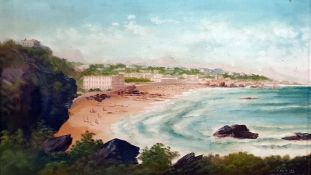 F Valin (early 20th century school)  Pair oils on canvas  Continental coastal town scene, figures on