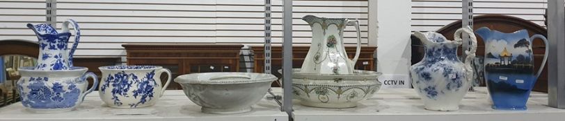 Matching Edwardian basin and ewer, three chambers pots, ewers and another basin (8)