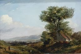 19th century English school Oil on canvas   Extensive rural coastal landscape with figures and sheep
