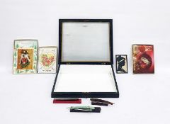 Stained wood and glass shop display cabinet with sloping lift-up lid, 44cm wide, a 1920's cut-card