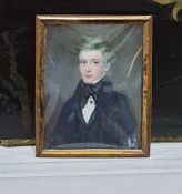 19th century miniature portrait of young gentleman with black coat, white shirt, black stock,