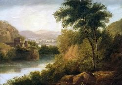 19th century English school Oil on board River landscape with buildings in distance, 22cm x 30cm