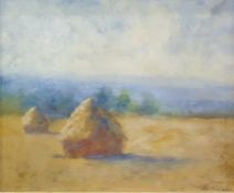 Paul G Wheal(?)  Oil on board  Haystacks in field, signed indistinctly lower right, 36cm x 43cm