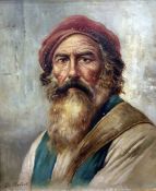 De Roberto (early 20th century) Oil on board  Study of bearded gentleman in a red cloth hat,