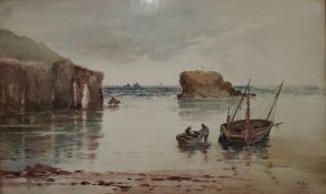 F Snow Watercolour Beach scene with figures and sailing boat, rocky cliffs, 32cm x 52cm