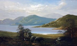 Spencer Stock  Oil on panel  Lakeside scene with two figures and sailing boat on shore, 48.5cm x