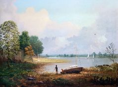 Spencer Stock Pair oils on canvas  Lakeside scene with two figures and sailing boat on shore, 29cm x