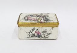 Georgian enamel tobacco box, rectangular, the cover painted with pair of lovers in garden setting,