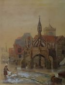 Wallace Peggs (19th century)  Watercolour  Girl driving geese through a country town, signed and
