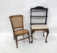 Three-tier wall hanging oak shelf united by barley twist supports, a stool with cabriole supports