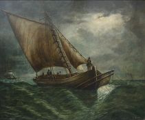 E Birnie (20th century)  Oil on panel  Figures fishing in a boat by moonlight, signed lower right,