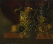 R J Waite (19th century)  Oil on canvas  Still life study featuring chicks in nest, grapes and ewer,