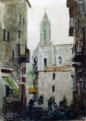 20th century continental school  Watercolour drawing  Continental street scene, indistinctly