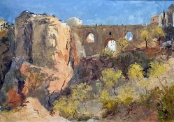 Alan Stenhouse Gourlay (1909-1991) Oil on board Old bridge and fortifications, signed and dated '61,