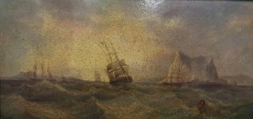 19th century school  Oil on panel  Shipping outside Gibraltar, unsigned, 14cm x 29cm