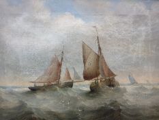 19th century English school  Oil on canvas  Study of fishing boats in choppy seas, unsigned, 21cm