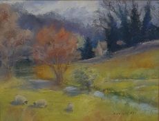 Elizabeth Freer Hill (20th century British school)  Pastel  Sheep grazing in field by stream, signed