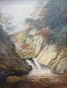 H W Henley  Oil on canvas  Waterfall in rocky autumnal landscape, signed lower right, 90cm x 69cm