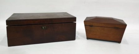 19th century mahogany tea caddy of plain sarcophagus-design, on bun feet and a Victorian mahogany