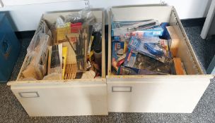 Two boxes of various tools, brushes, sandpaper, clamps and router bits