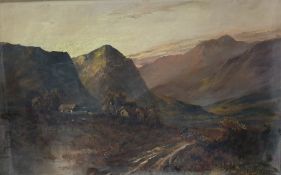 W Richards (late 19th/early 20th century)  Oil on canvas  Shepherd driving sheep, in mountainous
